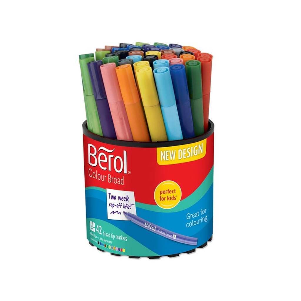 Berol filtspids farvetuscher, bred spids (1,2 mm), vaskbare, forskellige farver, bøtte med 42 styk