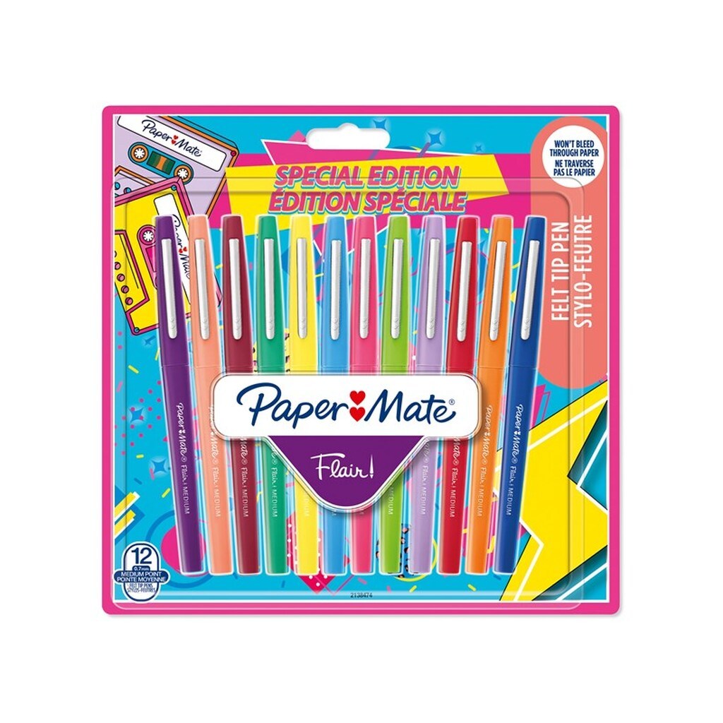 Paper Mate Flair Filtpenne | Mellempunkt (0,7 mm) | Assorterede retrofarver | 12 Stk