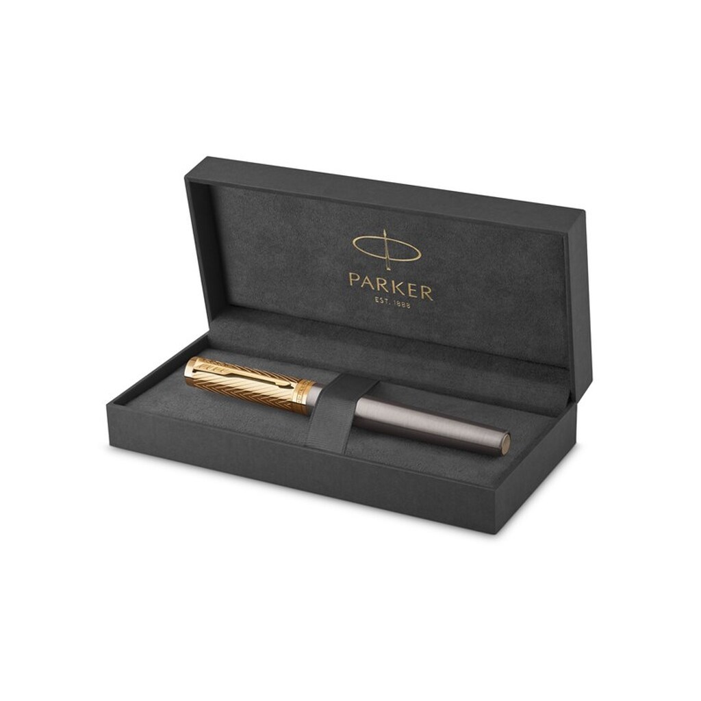 Parker Ingenuity  Pioneers Collection Rollerball Pen | Grålakeret med guldhætte &amp; beklædning | Fin spids | Sort blæk | Gaveæske