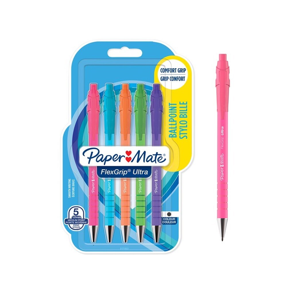 Paper Mate FlexGrip Ultra Bright kuglepenne | Mellempunkt (1,0 mm) | Sort blæk | Lyse tønder | 5 Stk