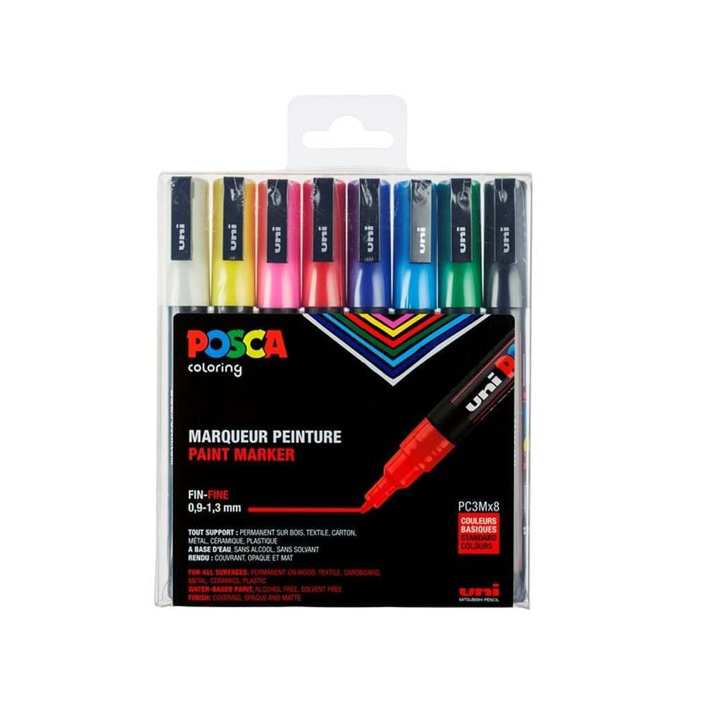 POSCA  marker sæt PC-3M, 8 ass. farver, std.