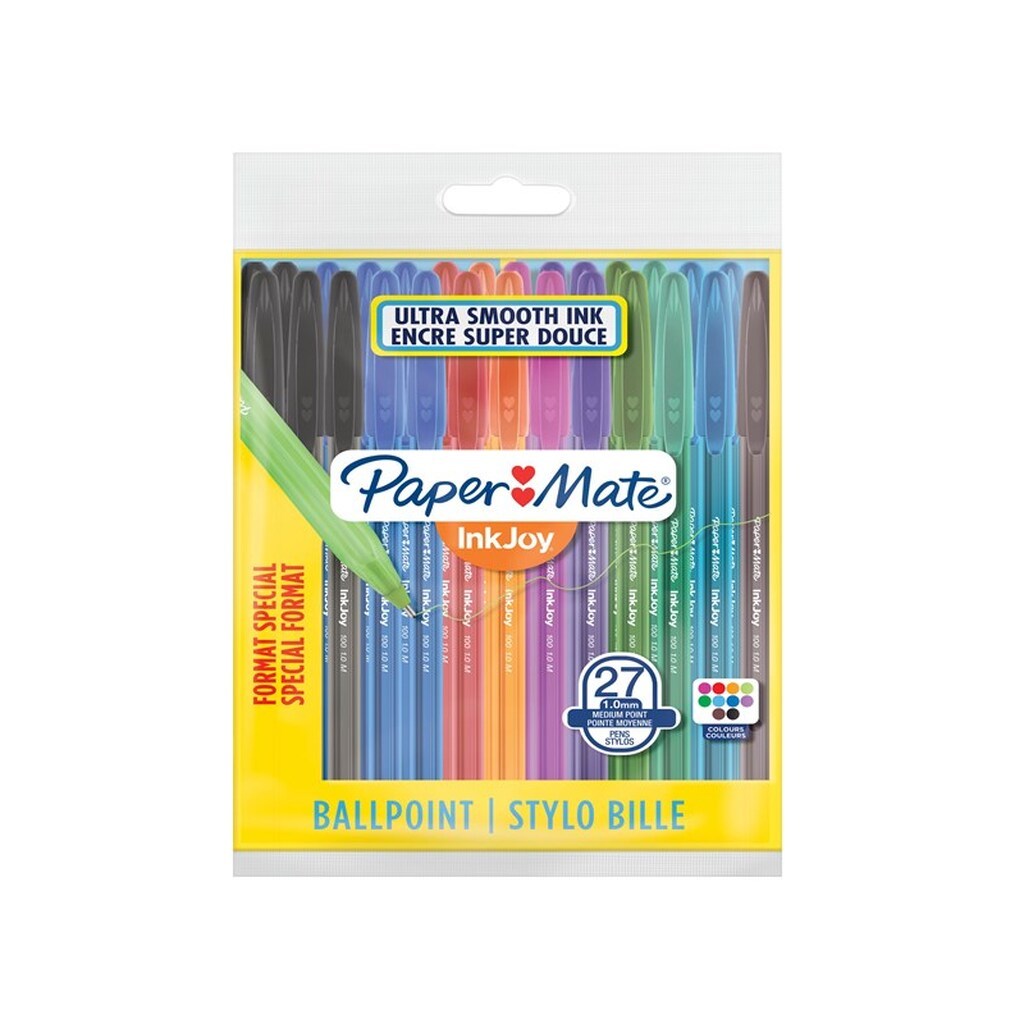 Paper Mate InkJoy 100ST Kuglepenne | Medium Spids (1,0 mm) | Assorterede Sjove Farver | 27 Stk