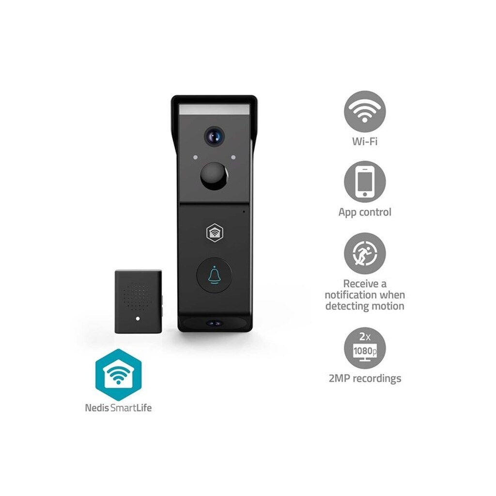 Nedis SmartLife Video Dørtelefon Wi-Fi Batteri 2x Full HD 1080p Cloud Storage (mulighed) / microSD (ikke inkluderet) IP54 Med bevægelsessensor Nattesyn Sort