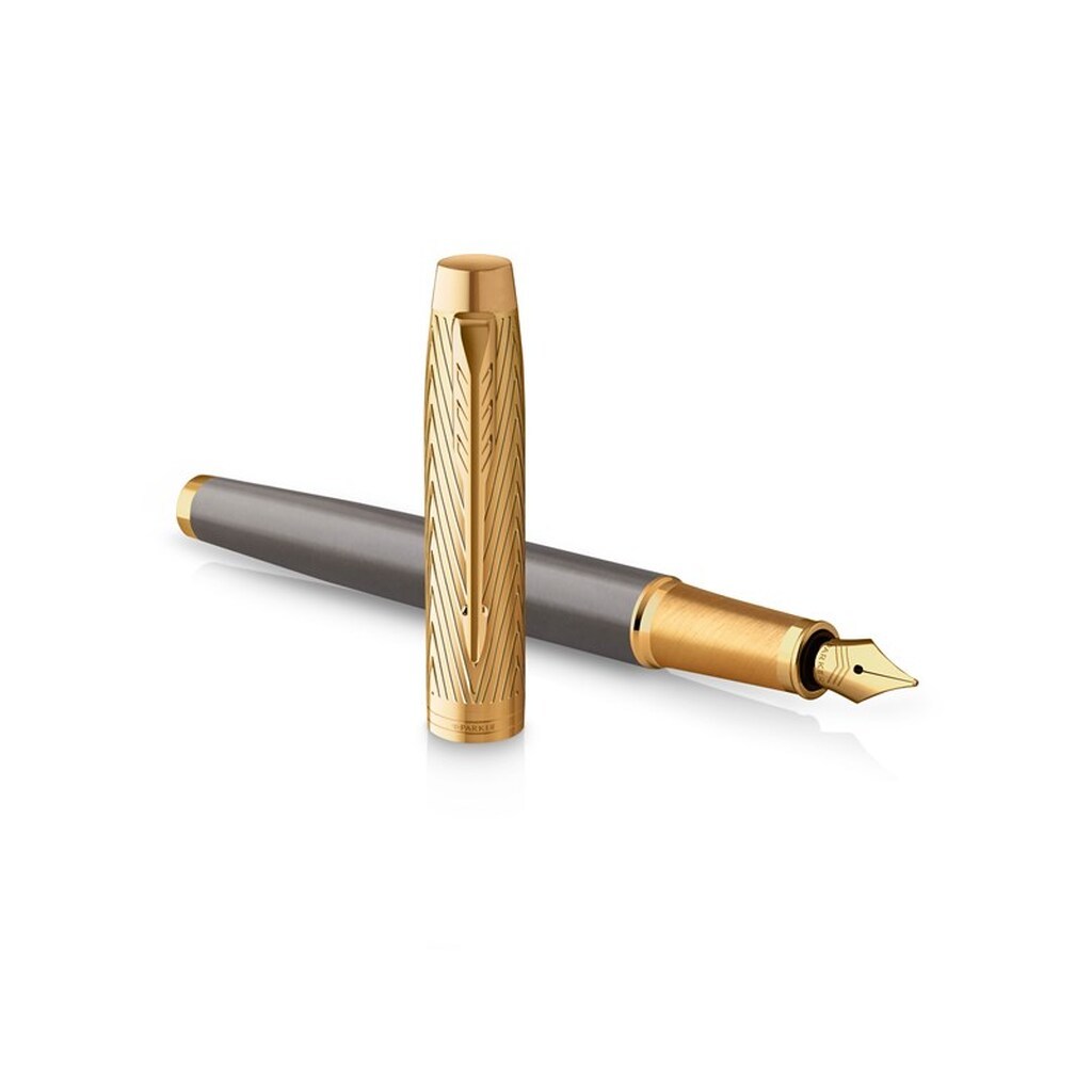 Parker IM  Pioneers Collection Fyldepen | Grålakeret med guldhætte &amp; beklædning | Medium rustfri stålspids | Blå blækpatron | Gaveæske