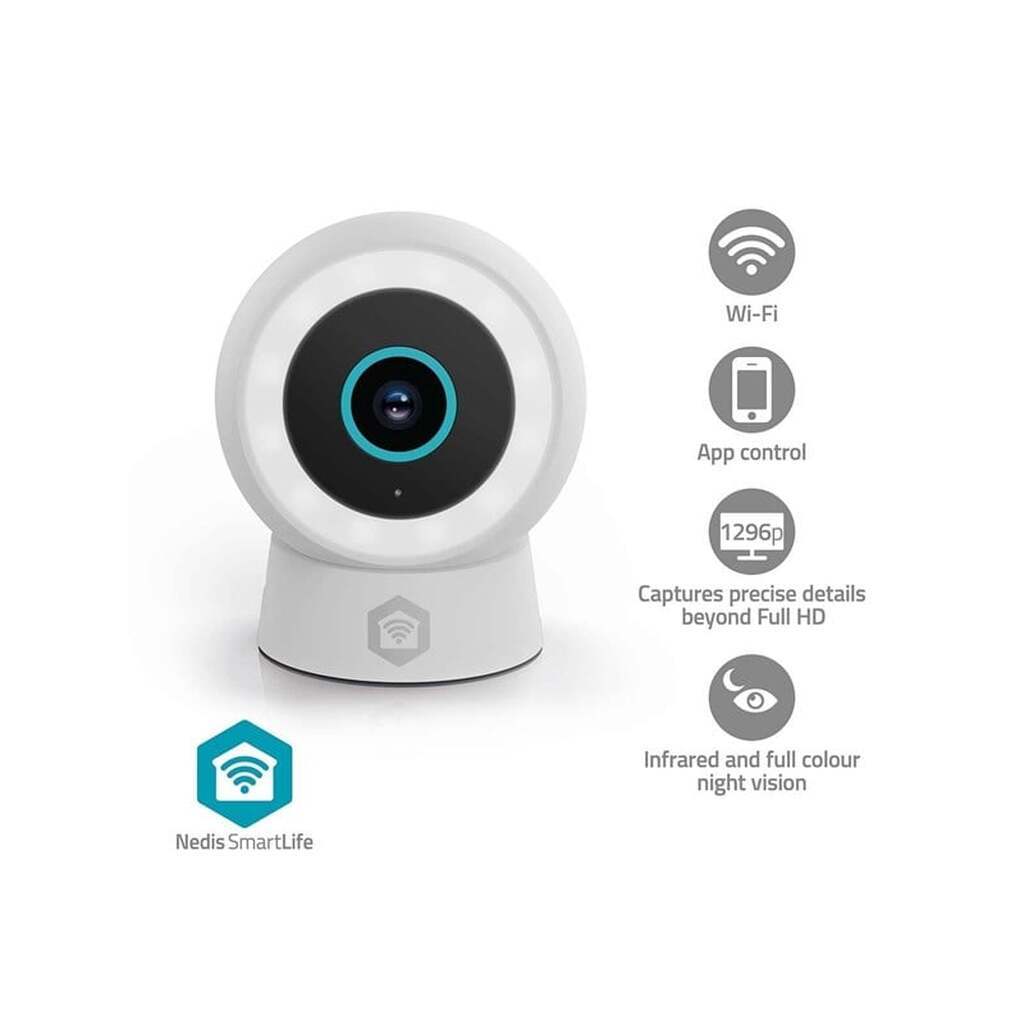 Nedis SmartLife udendørskamera Wi-Fi Spotlight 3MP Full HD 1296p IP65 Cloud Storage (mulighed) / microSD (ikke inkluderet) / Onvif 5 V DC Med bevægelsessensor Nattesyn Hvid