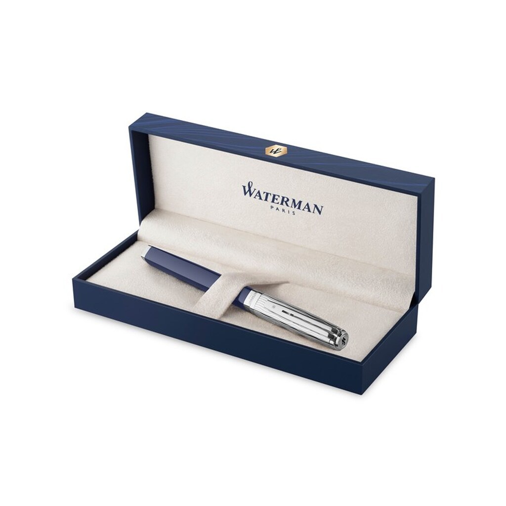 Waterman Undtagelse Fountain Pen | Metal &amp; blå lak med palladiumkant og ætset hætte | 18K guld medium nib | Gaveæske