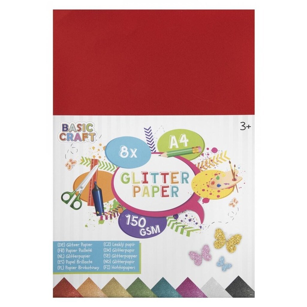 Creative Craft Group Glitterpapir A4, 150g., 8 ark ass.