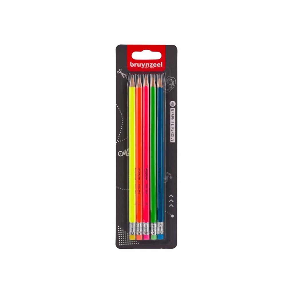 Bruynzeel Graphite Pencil Set Neon 5 Hb Pencils with Eraser