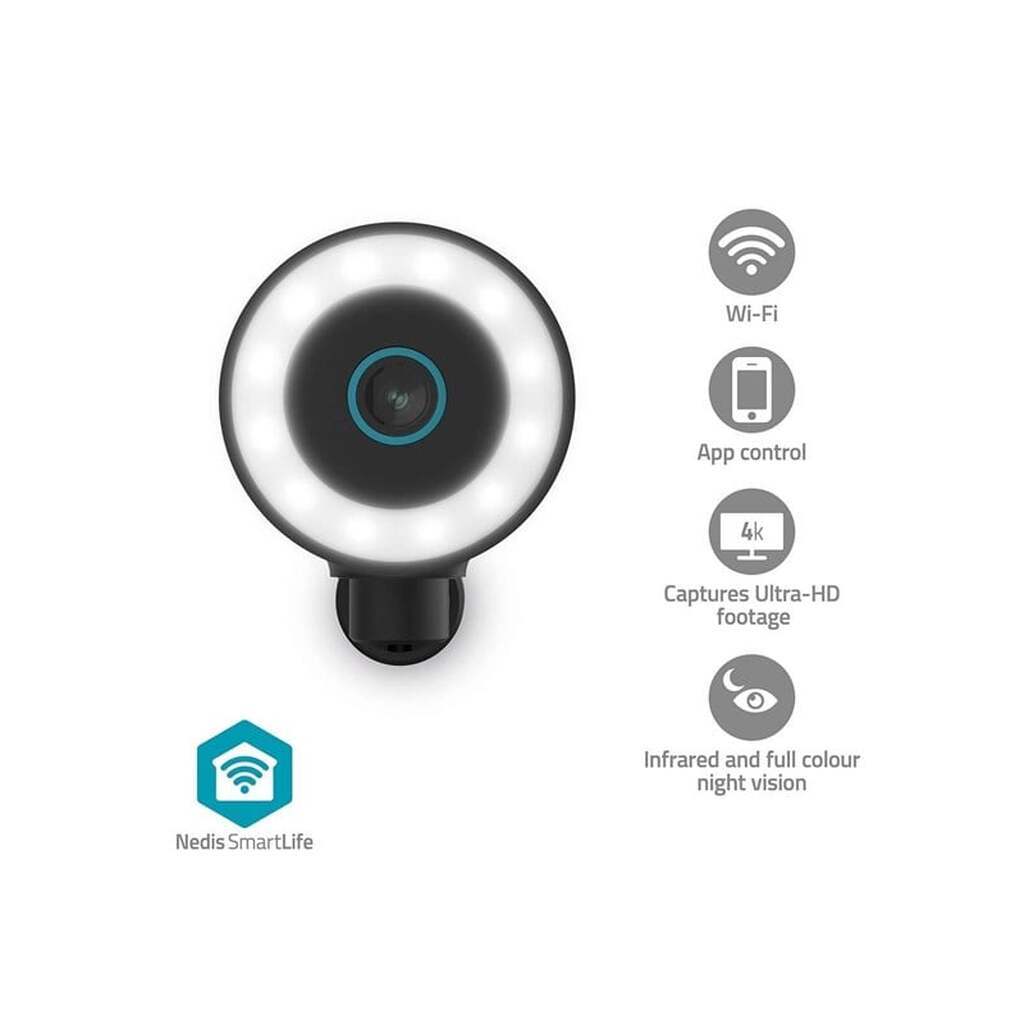 Nedis SmartLife udendørskamera Wi-Fi Spotlight 4K / 3840x2160 IP65 Cloud Storage (mulighed) / microSD (ikke inkluderet) / Onvif 5 V DC Med bevægelsessensor Nattesyn Sort