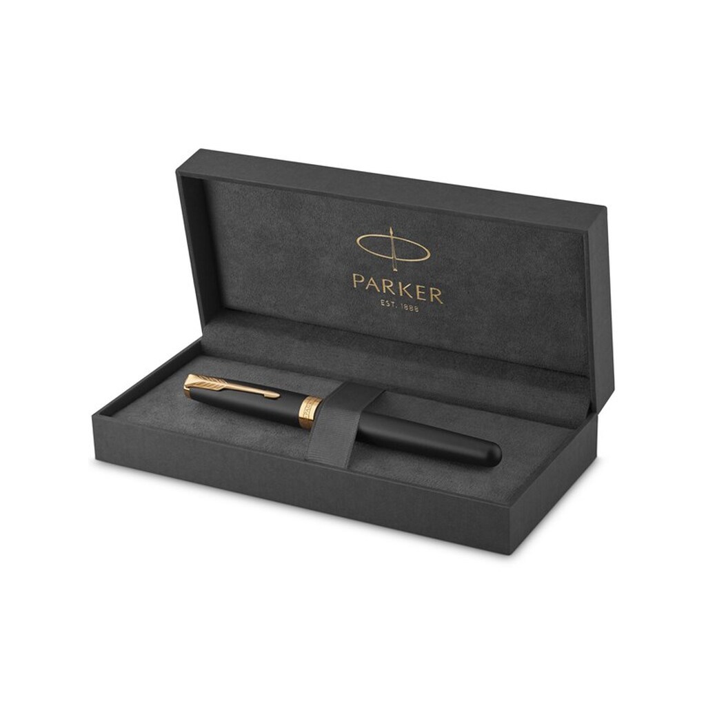 Parker Sonnet-fyldepen | matsort lak med detaljer i guld | medium spids | gaveæske