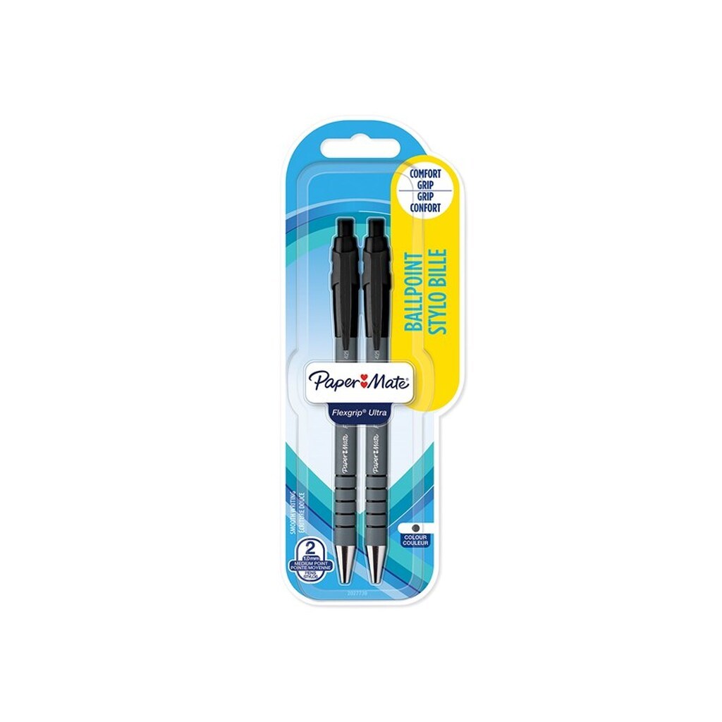 Paper Mate Flexgrip Ultra Retractable Ballpoint Pens | Medium spids (1,0 mm) | Sort | Pakke med 2 styk