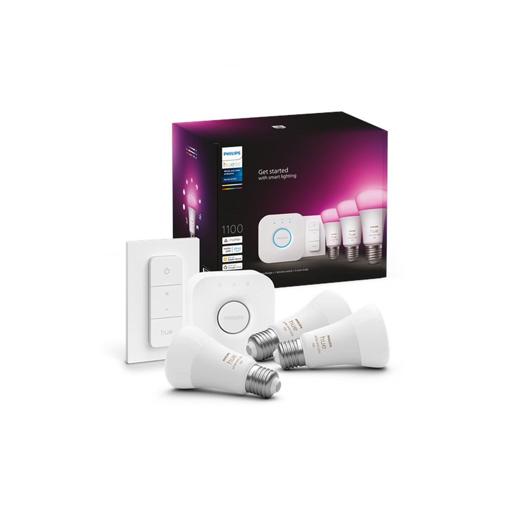 Philips Hue White and color ambiance Startsæt - 3x E27 A60-pærer + Dimmer switch + Hue Bridge