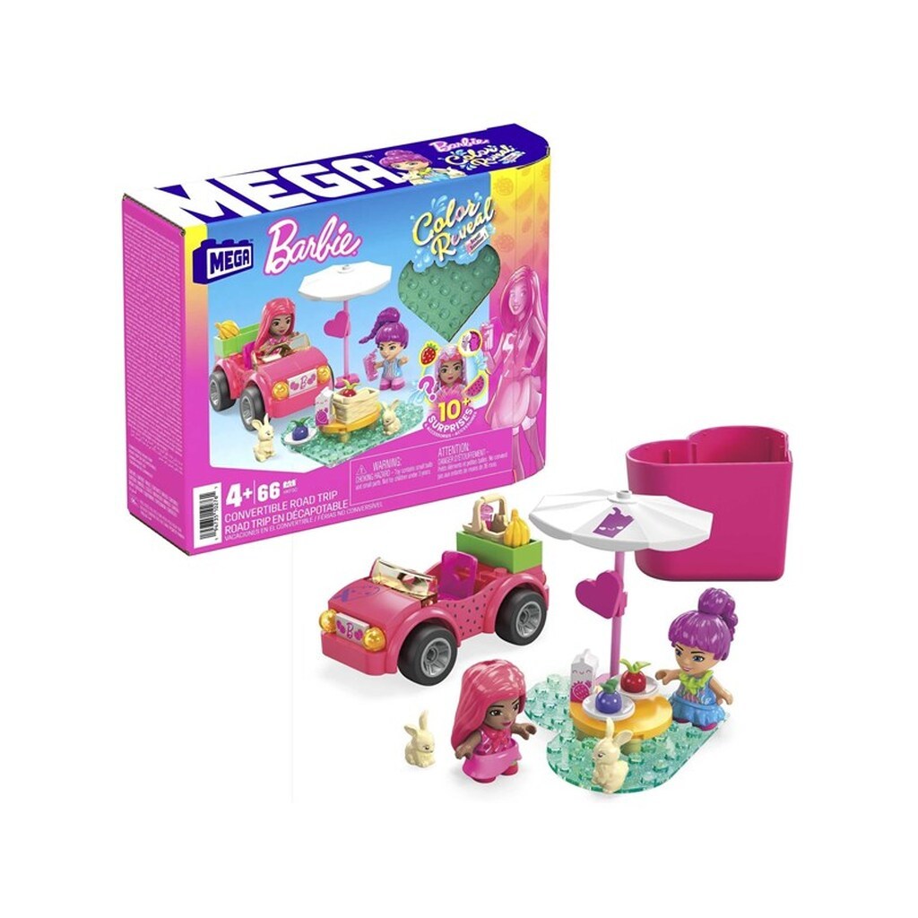 MEGA Barbie Colour Reveal Convertible Road Trip Building Toy Car With 2 Dolls