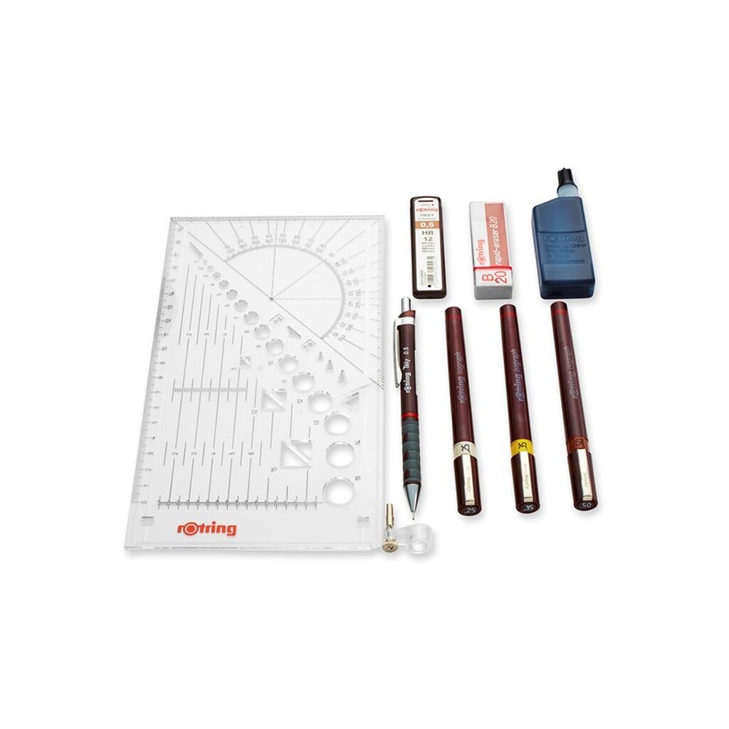 Rotring rOtring Isograph Fineliner Pen &amp; Pencil College Sæt | 3 tekniske kuglepenne (0,25 mm, 0,35 mm, 0,50 mm) og mekanisk blyant (0,5 mm) + tilbehør