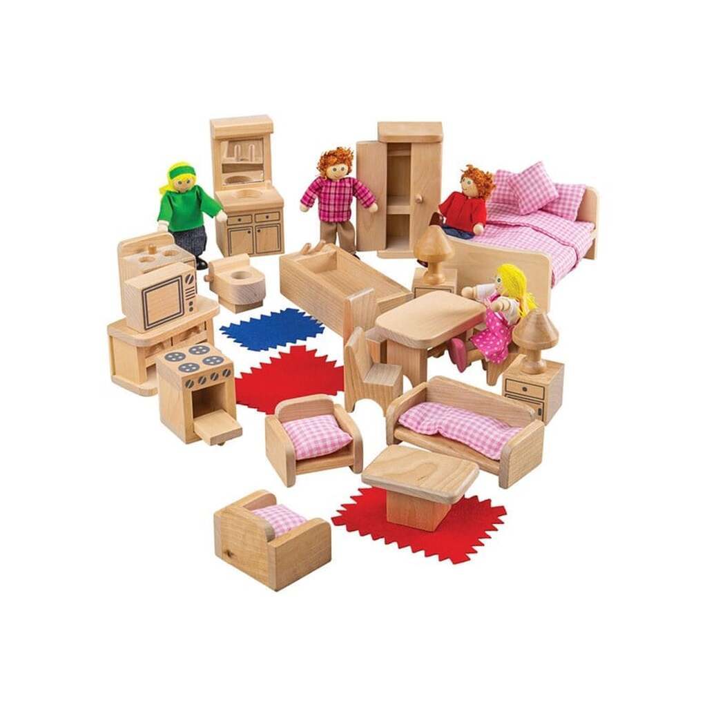 Bigjigs Wooden Doll Family with Furniture 26 pieces