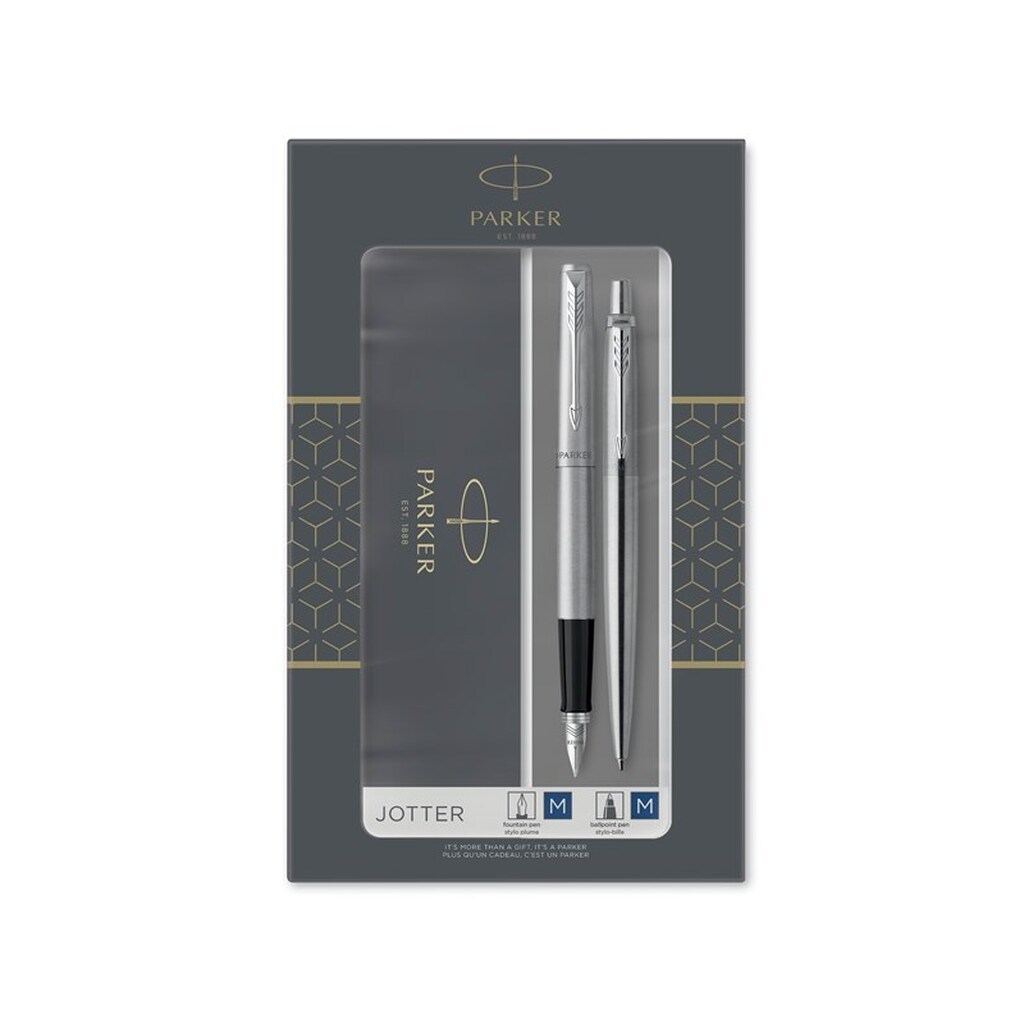 Parker Dobbelt  Jotter-gavesæt med kuglepen og fyldepen, rustfrit stål med detaljer i krom, patron med blå blæk og patroner, gaveæske
