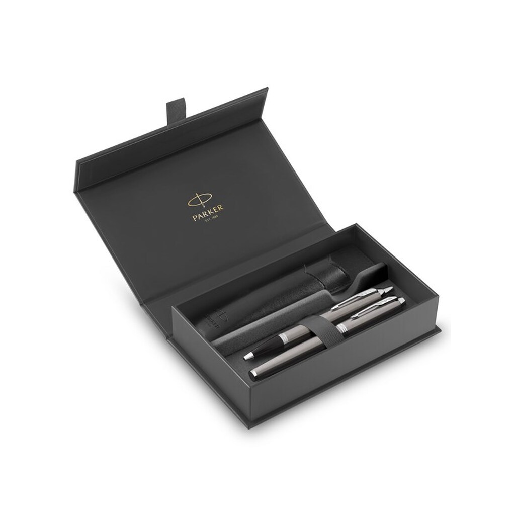 Parker IM Duo Pen Gavesæt | Fyldepen, kuglepen &amp; penneetui | Rustfrit stål finish med krombeklædning | Medium spids