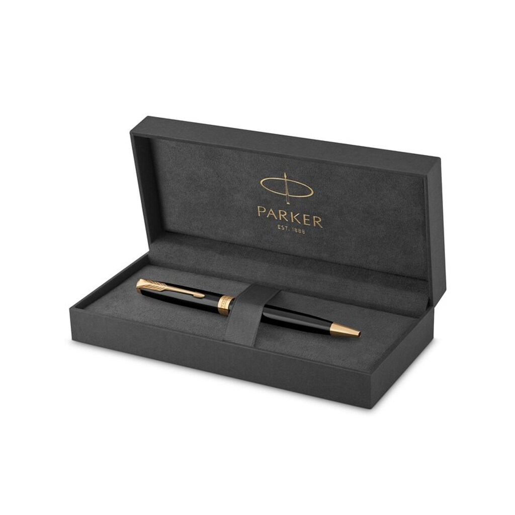 Parker Sonnet-kuglepen | sort lak med detaljer i guld | medium spids sort blæk | gaveæske