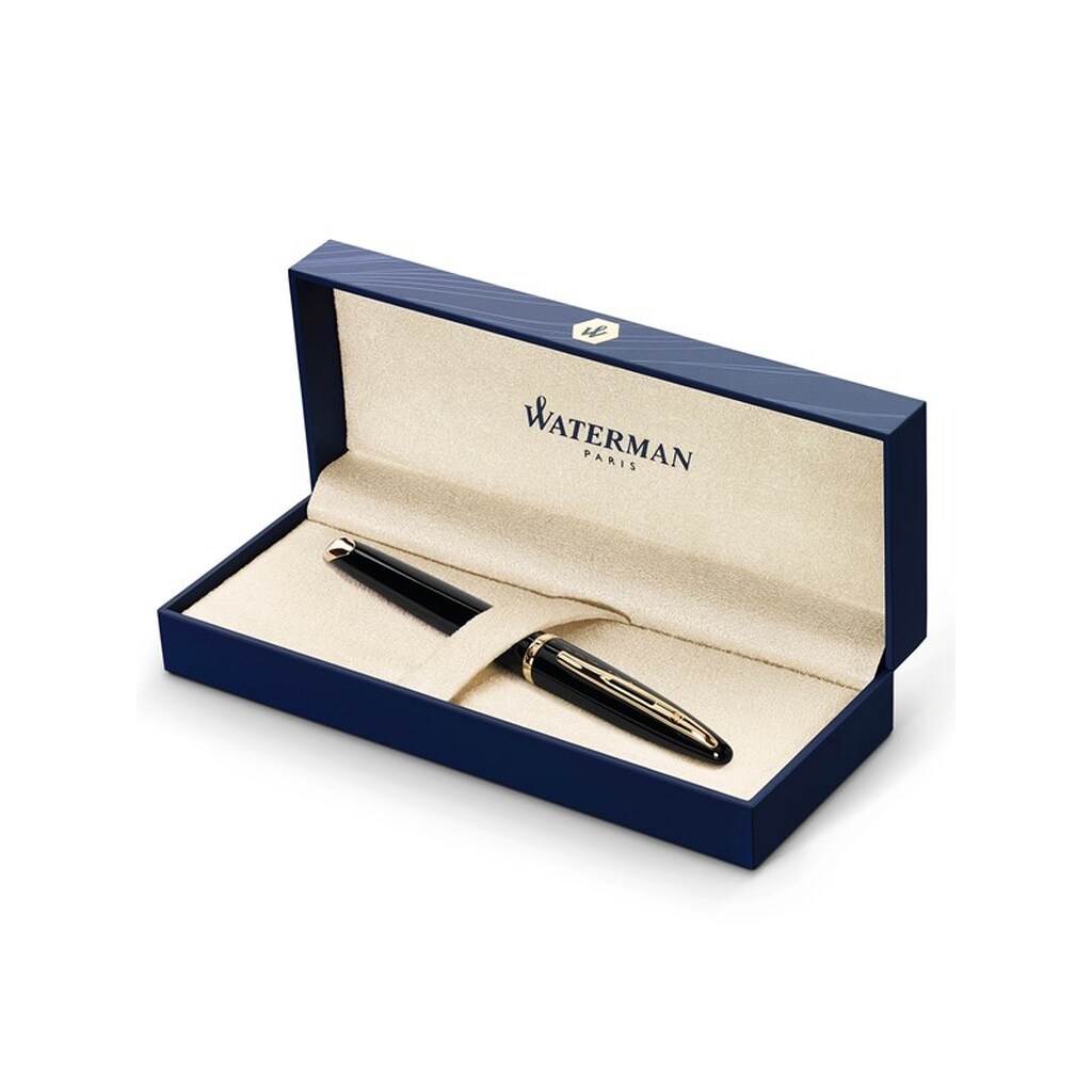 Waterman Carène Sortehavet Fountain Pen | Højglans sort &amp; 23k guld klip | Medium spids med blå blækpatron | Gaveæske