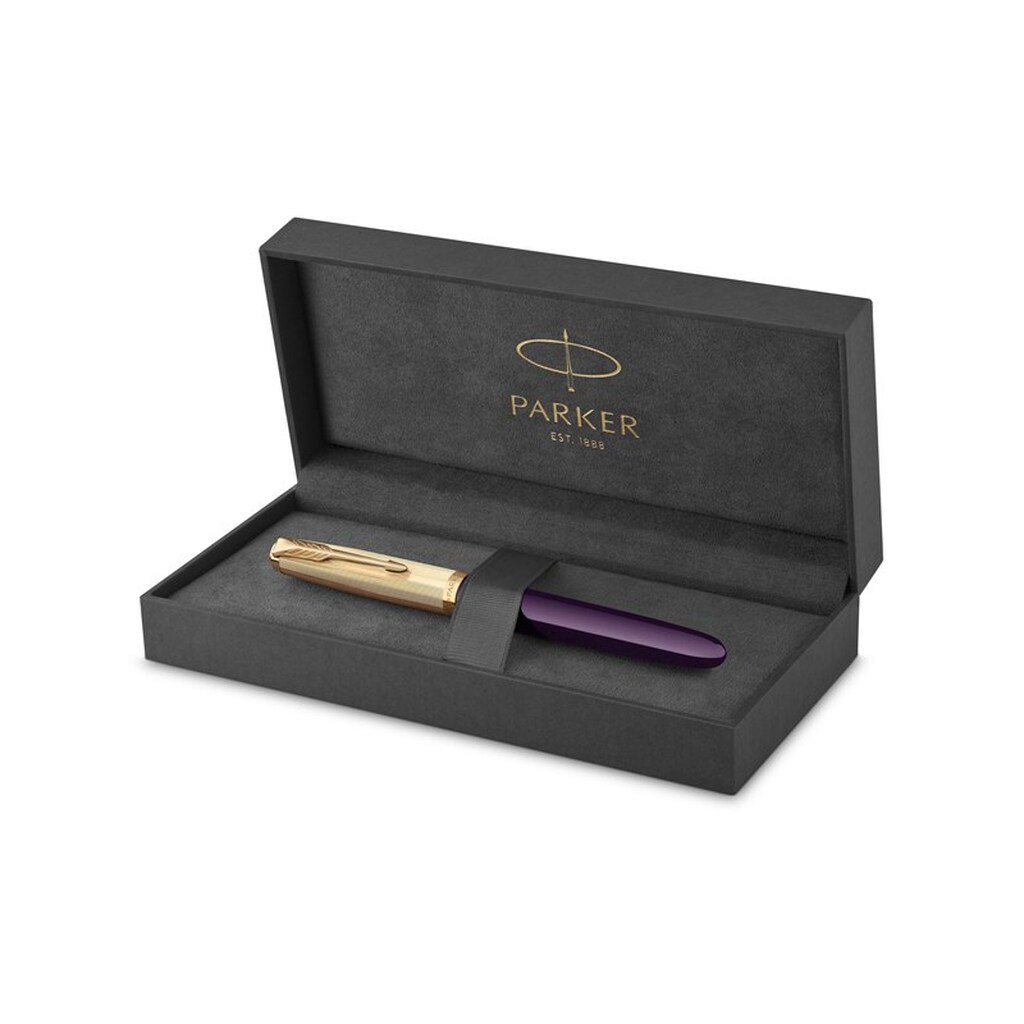 Parker 51-fyldepen | deluxe-blommefarvet cylinder med detaljer i guld | fin 18k guldspids med sort blækpatron | gaveæske