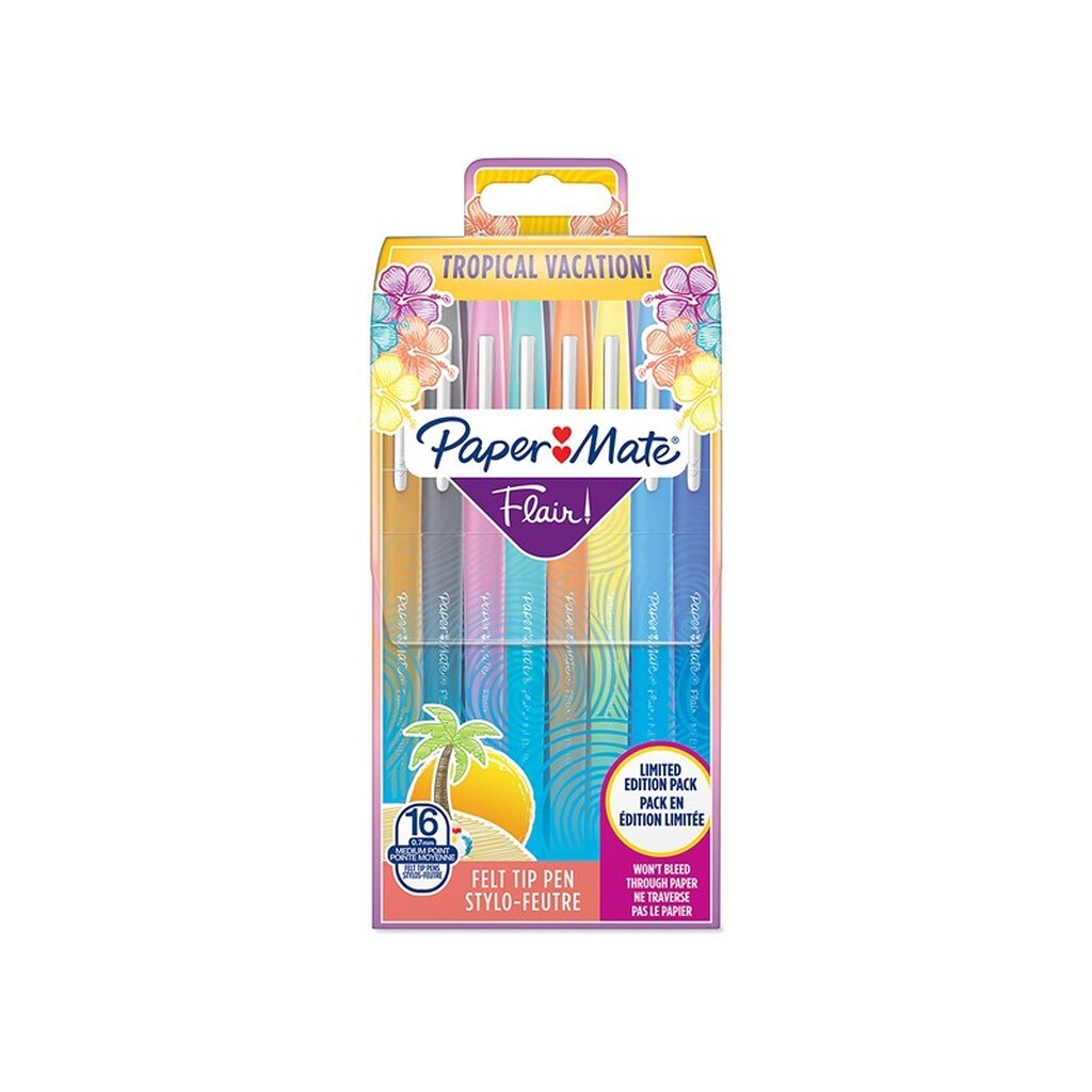 Paper Mate Flair Felt Tip Pens | Medium spids (0,7 mm) | Forskellige trope-inspirerede farver | Pose med 16 styk