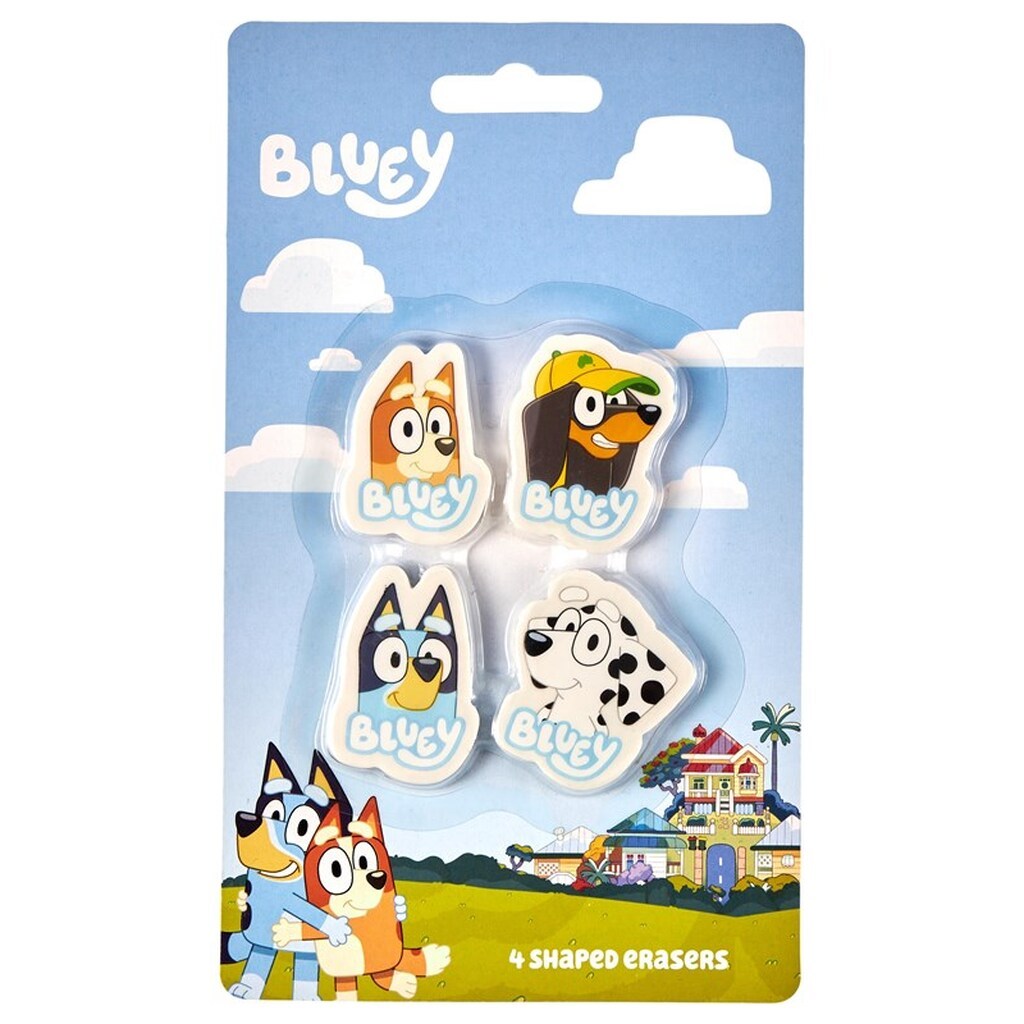 Euromic Bluey 4-pack erasers - 4 shaped erasers packed in acetate box with eurohole (size of box 5.2 x 16 cm) CE &amp; 0-3 years pictogram