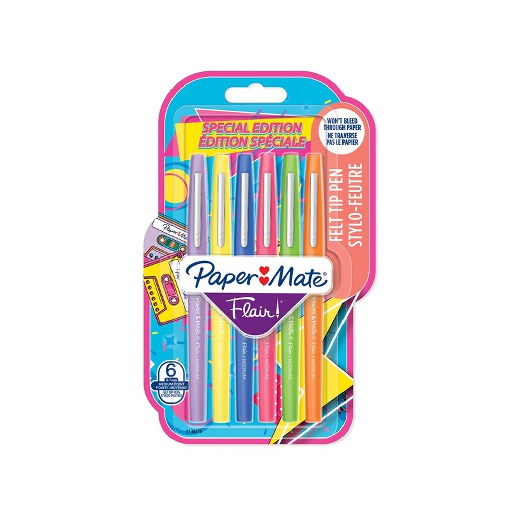 Paper Mate Flair Filtpenne | Mellempunkt (0,7 mm) | Assorterede retrofarver | 6 Stk