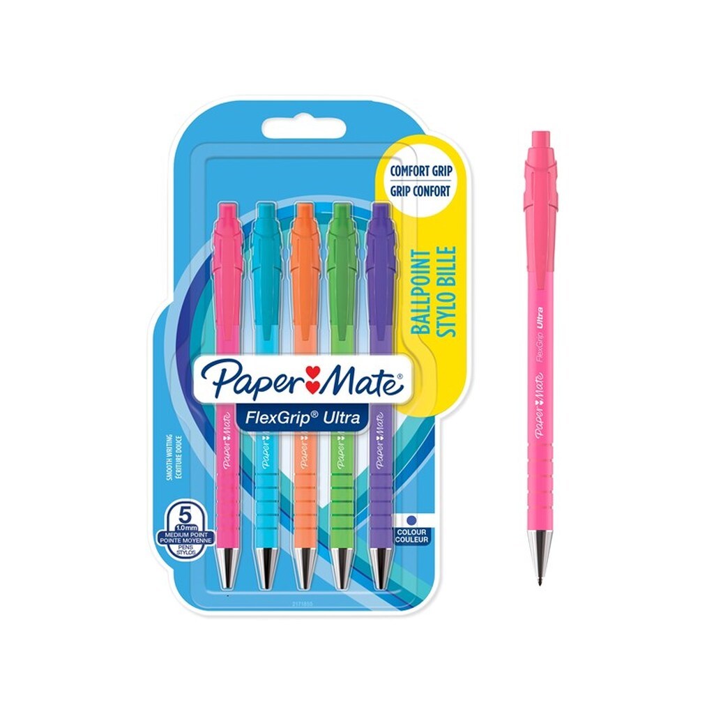 Paper Mate Flexgrip Ultra Bright kuglepenne | Mellempunkt (1,0 mm) | Blåt blæk | Lyse tønder | 5 Stk