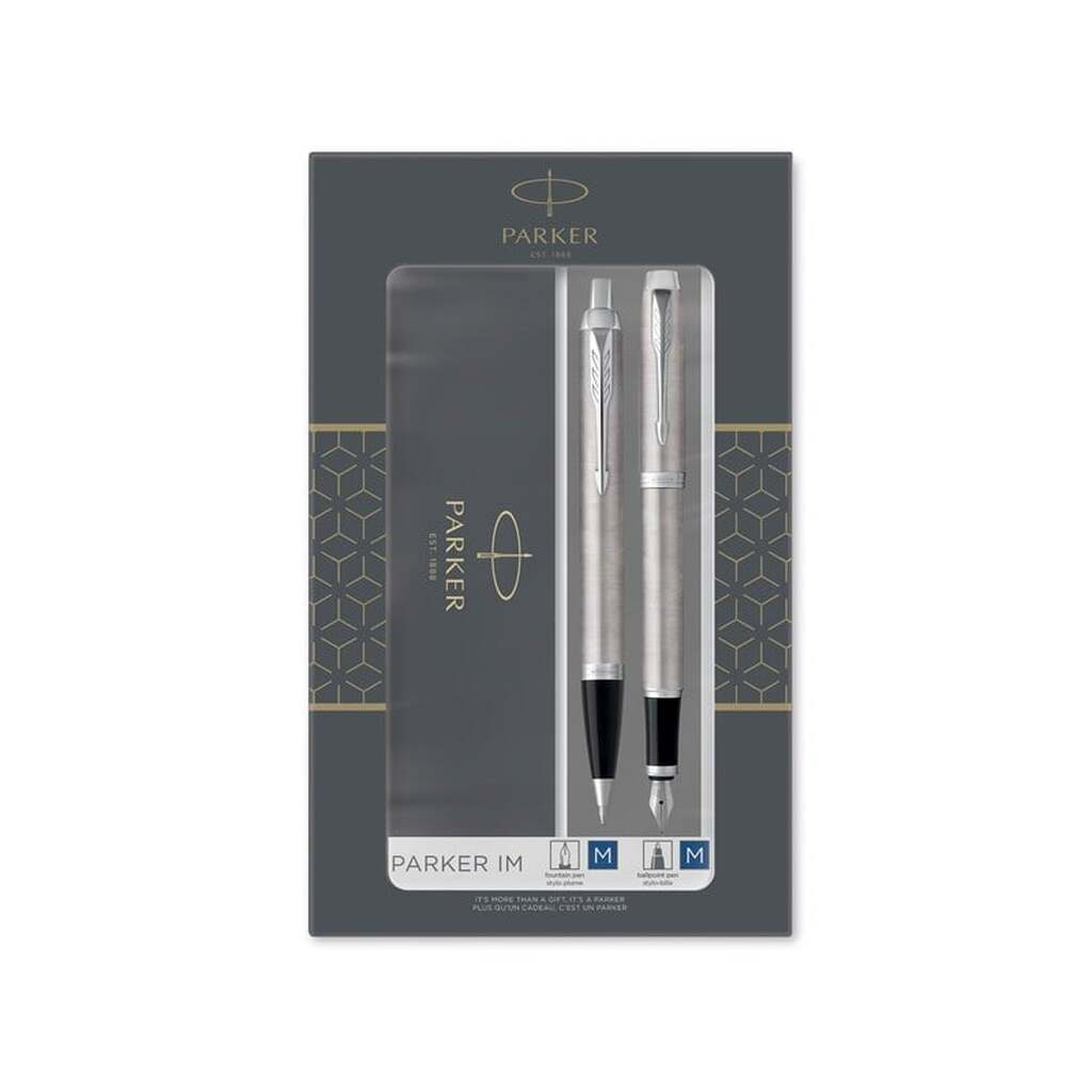 Parker IM Duo-gavesæt med kuglepen og fyldepen | Rustfrit stål krom trim | Blå blækpåfyldning og patron | Gaveemballage