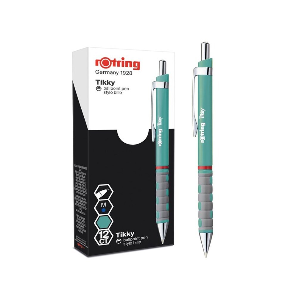 Rotring rOtring Tikky Pastel kuglepenne | Blå blæk | Mellemspids (1,0 mm) | Havblå Tønde | Letvægts med gummibelagt greb | 12 stk