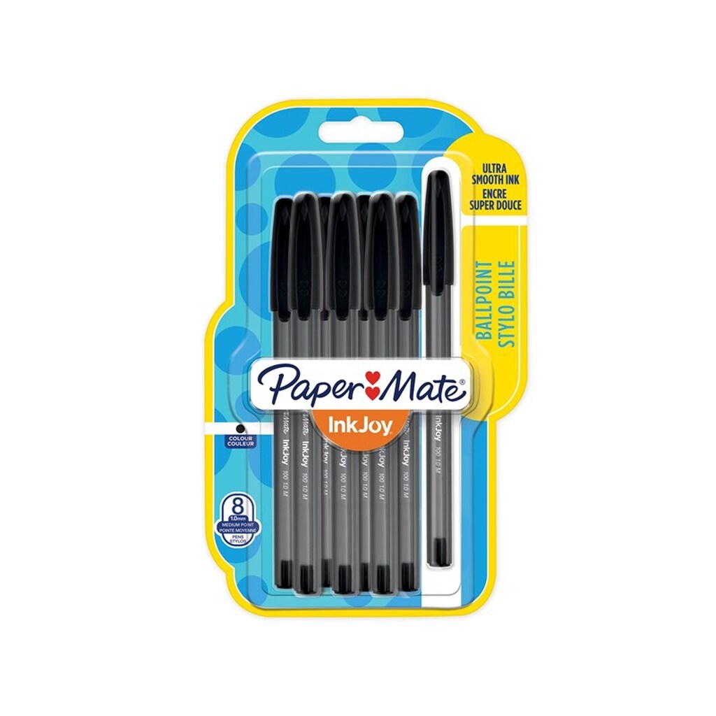Paper Mate InkJoy 100ST Capped Ballpoint Pens | Medium spids (1,0 mm) | Sort | 8 styk