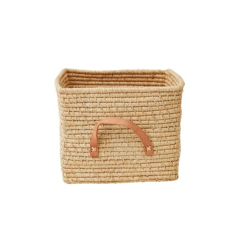 Rice Small Square Raffia Basket with Leather Handles
