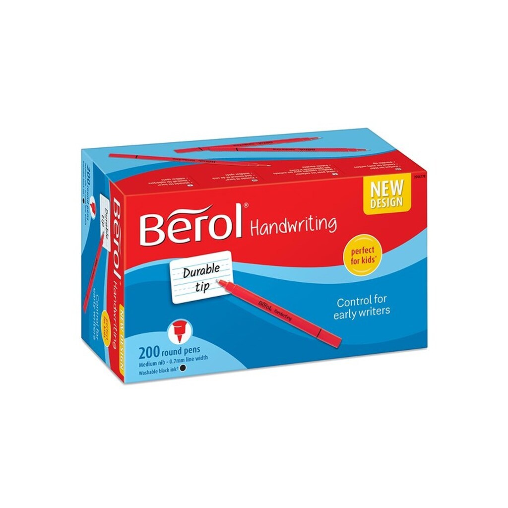 Berol håndskrivningspenne, rund form, vaskbart sort blæk, lyse hylstre, skolepakke med 200 styk
