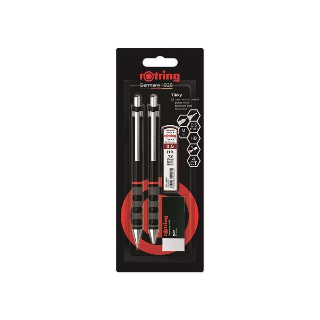 Rotring rOtring Tikky Mekanisk Blyant, Kuglepen, Viskelæder &amp; Blyrefiller Sæt | HB Bly, 0,5 mm Blyant | Medium spids pen | Sort Skaft