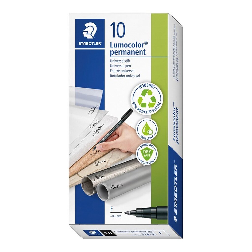 Staedtler LUMOCOLOR PERMANENT F 0,6 mm SORT, ÆSKE 10 STK