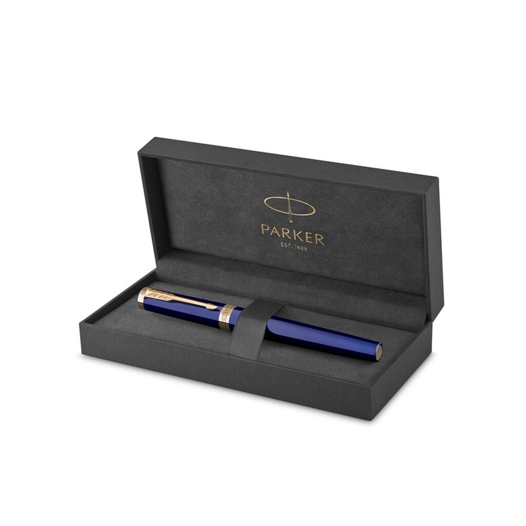 Parker Ingenuity fyldepen | Core Collection | Blå med guldkant | Medium Nib | Sort blæk | Gaveæske