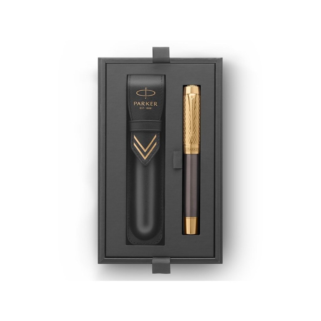 Parker Duofold  Pioneers Collection Fyldepen | Grålakeret med guldhætte &amp; beklædning | Medium massiv guldspids | Sort blæk og konverter | Gaveæske