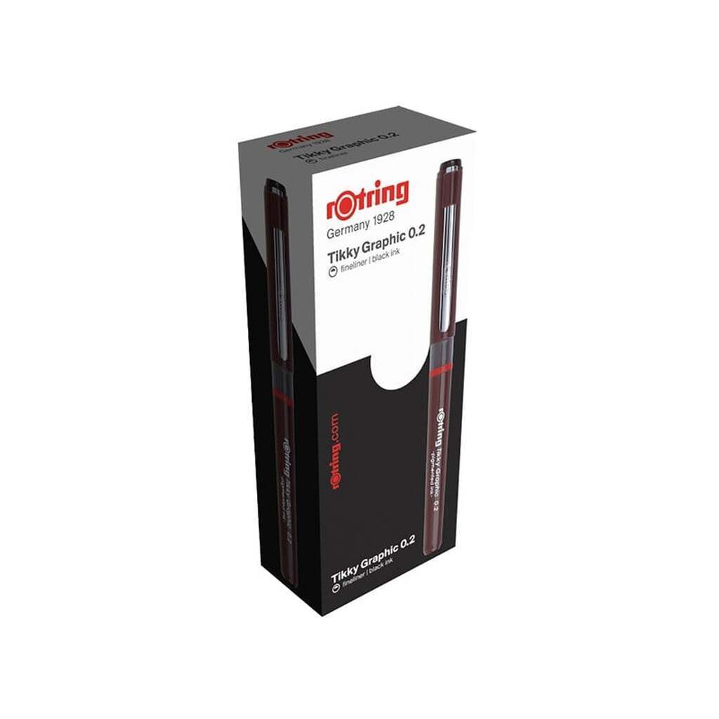 Rotring rOtring Tikky Graphic Fibre Tip Pens | .2 mm | Black Ink | Burgundy Barrels | Box of 12 Fineliners