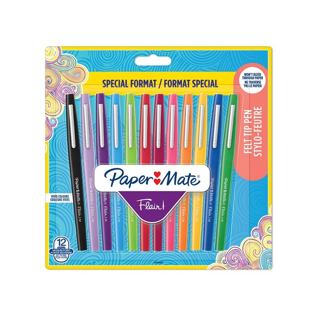 Paper Mate Flair Felt Tip Pens | Medium spids (0,7 mm) | Forskellige farver | 12 styk