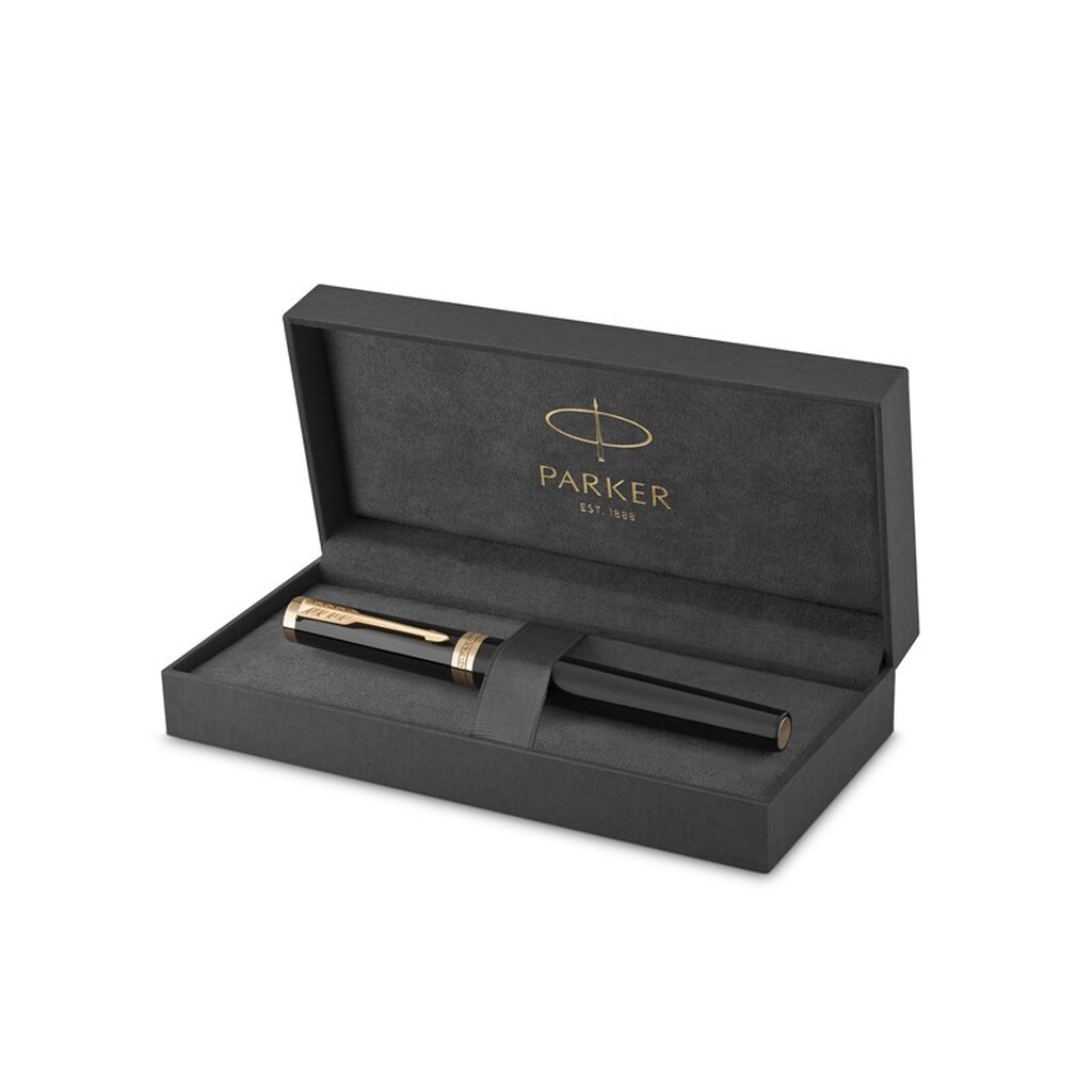 Parker Ingenuity fyldepen | Core Collection | Sort med guldkant | Medium Nib| Sort blæk | Gaveæske
