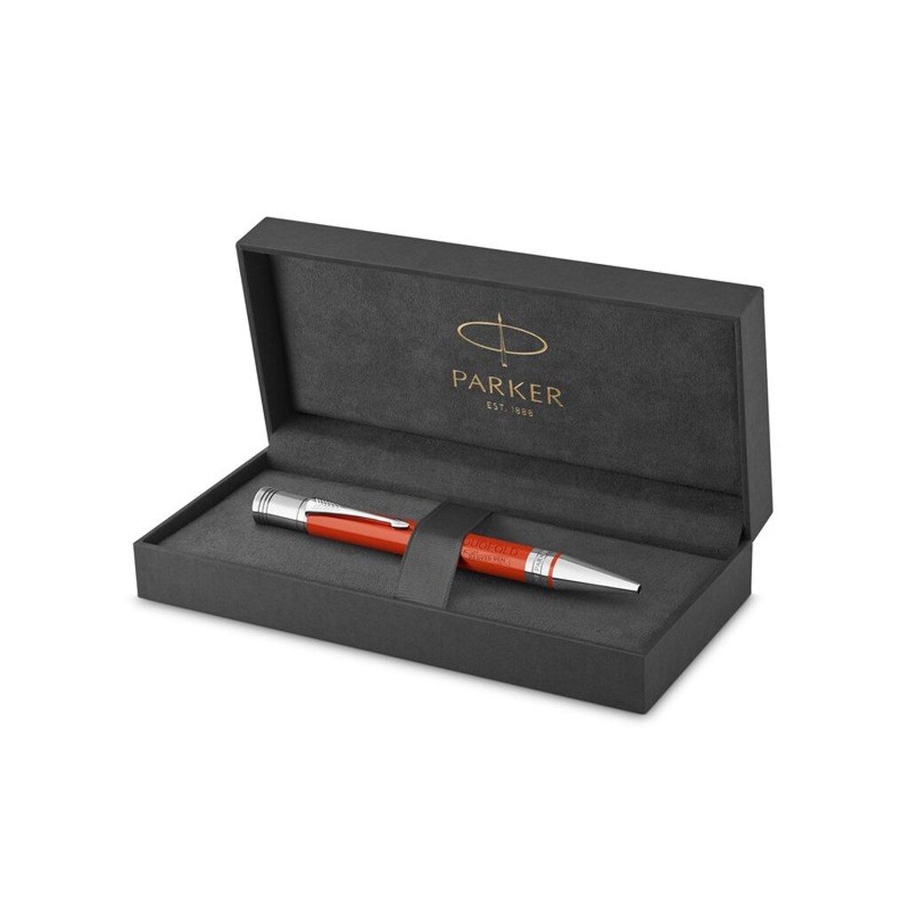 Parker Duofold-kuglepen | klassisk stor rød vintage | patron med medium spids og sort blæk | kvalitetsgaveæske