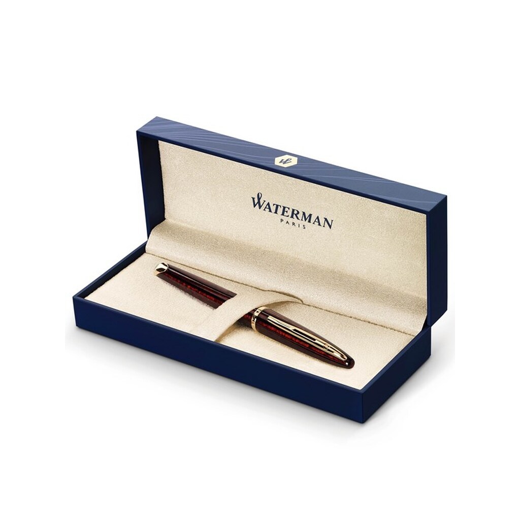 Waterman Carène Marine Amber Fountain Pen | Glansbrun og sort med 23k guldclips | Medium spids med blå blækpatron | Gaveæske