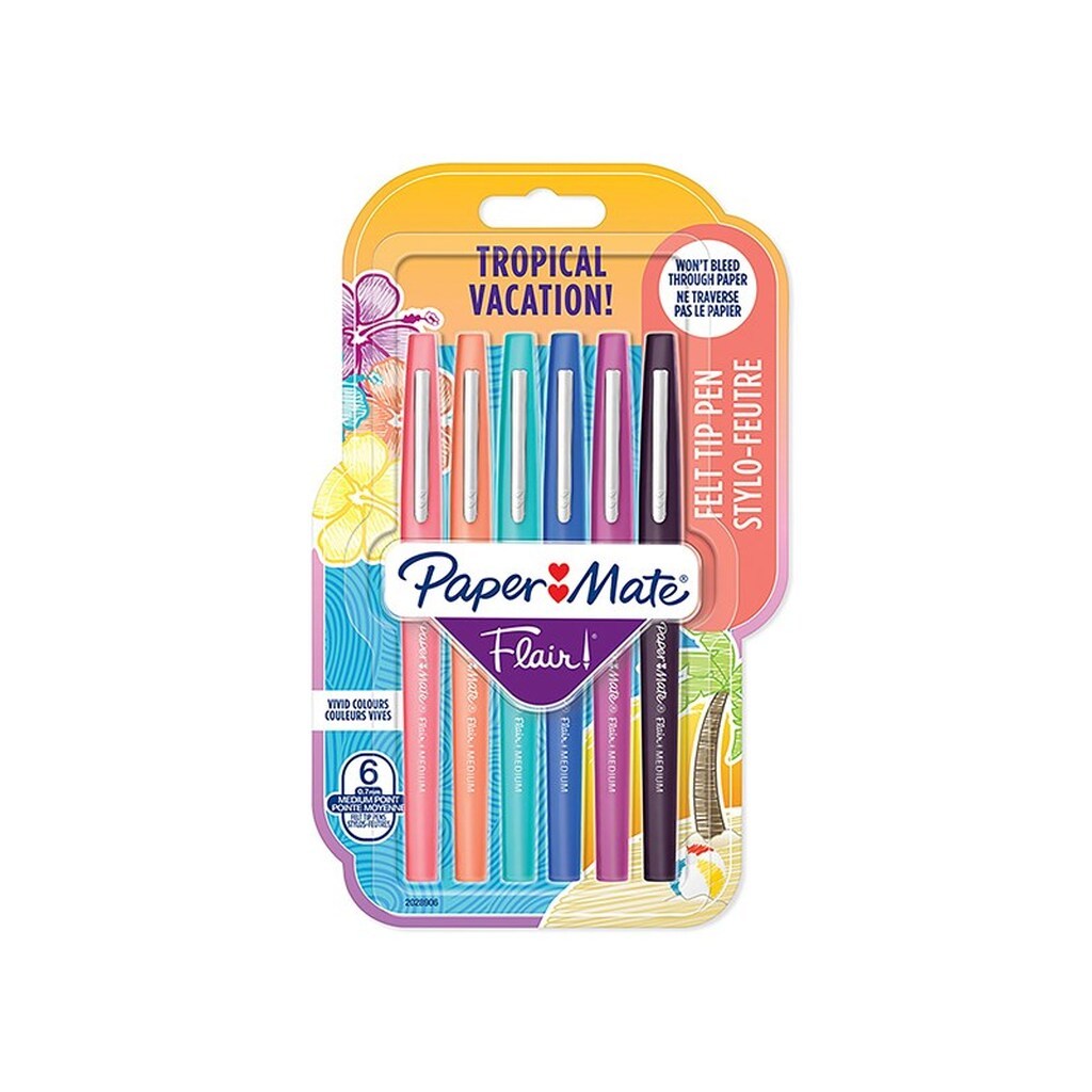Paper Mate Flair filtpenne | Medium spids (0,7 mm) | Tropiske feriefarver | 6 Stk