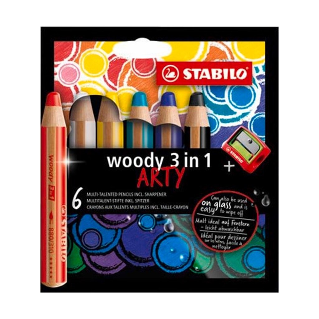 STABILO  woody Arty 3 in 1  sæt med 6 penne inkl. spidser