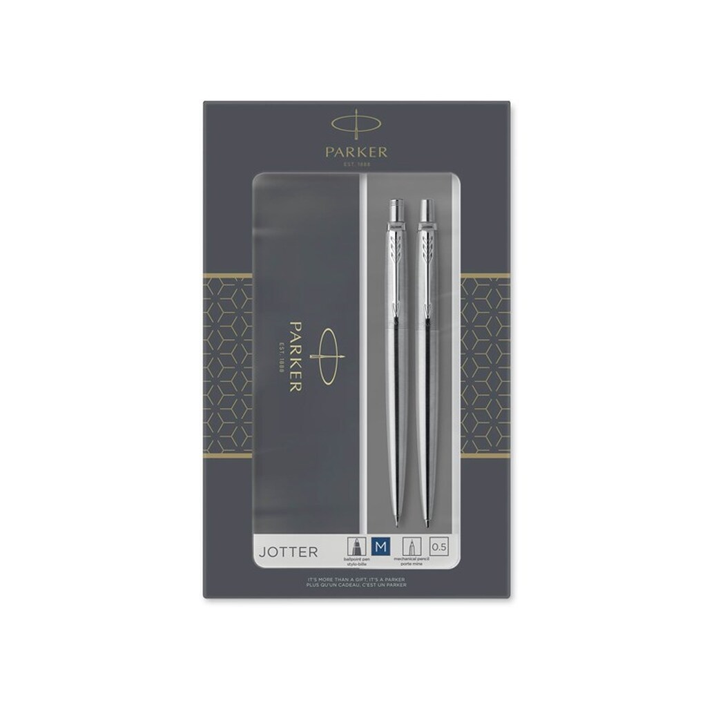 Parker Dobbelt  Jotter-gavesæt med kuglepen og stiftblyant (0,5 mm) | rustfrit stål med detaljer i krom | patron med blå blæk