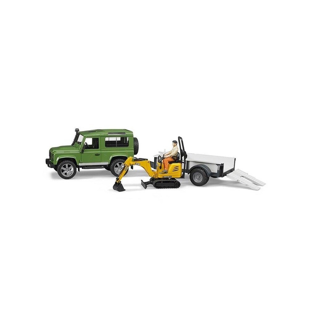 Bruder Land Rover Defender one axle trailer, JCB micro excavator + worker