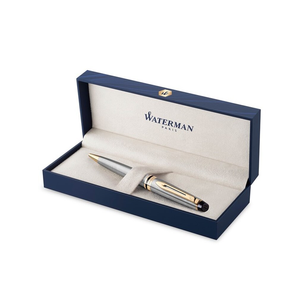 Waterman ekspert kuglepen | Rustfrit stål med 23k guldbeklædning | Medium Tip | Blåt blæk | Gaveæske