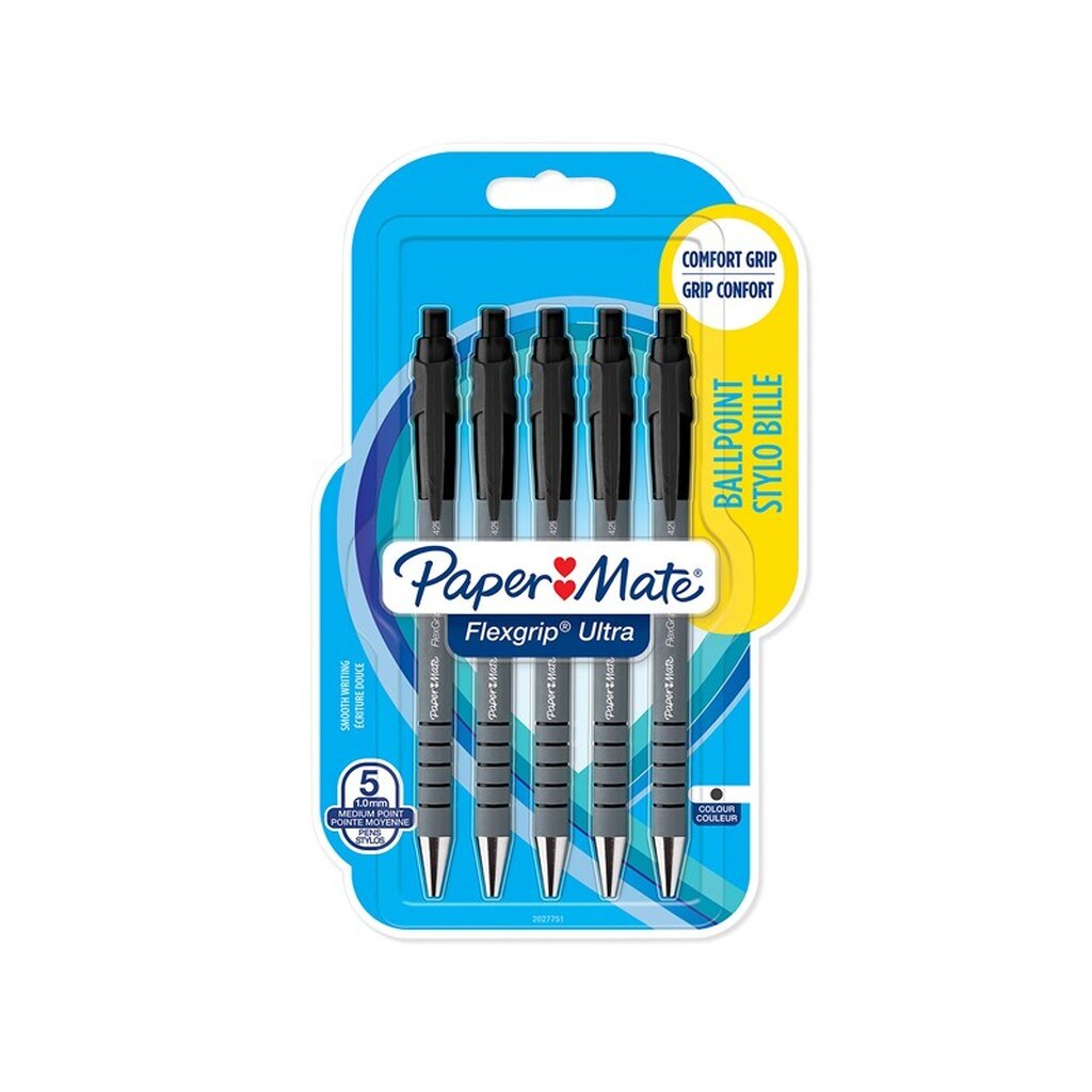 Paper Mate Flexgrip Ultra Retractable Ballpoint Pens | Medium spids (1,0 mm) | Sort | 5 styk