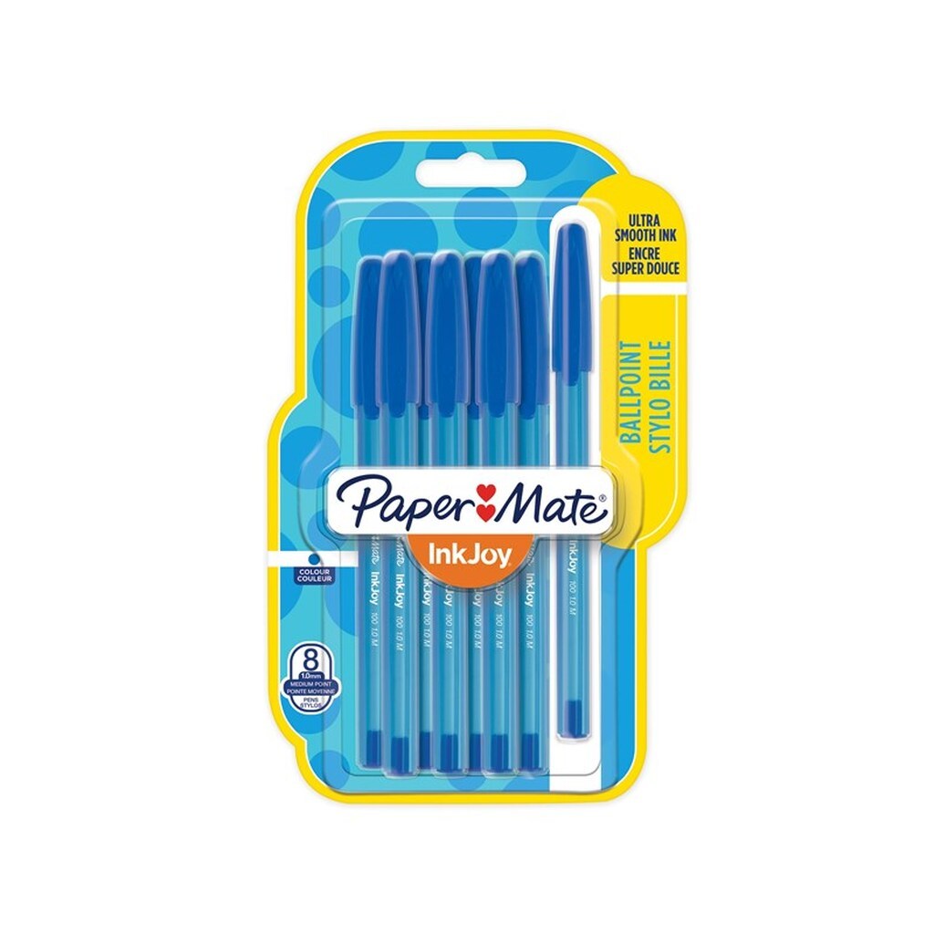 Paper Mate InkJoy 100ST Capped Ballpoint Pens | Medium spids (1,0 mm) | Blå | 8 styk