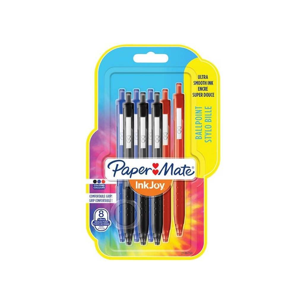 Paper Mate InkJoy 300RT kuglepenne med udtrækkelige | Mellemstort punkt (1,0 mm) | Sort, blå og rød | 8 Stk